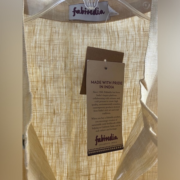 NWT FABINDIA Men 100% Linen Woven Nehru Kurta Mustard Yellow Festive Large Sz 40 - Picture 11 of 16